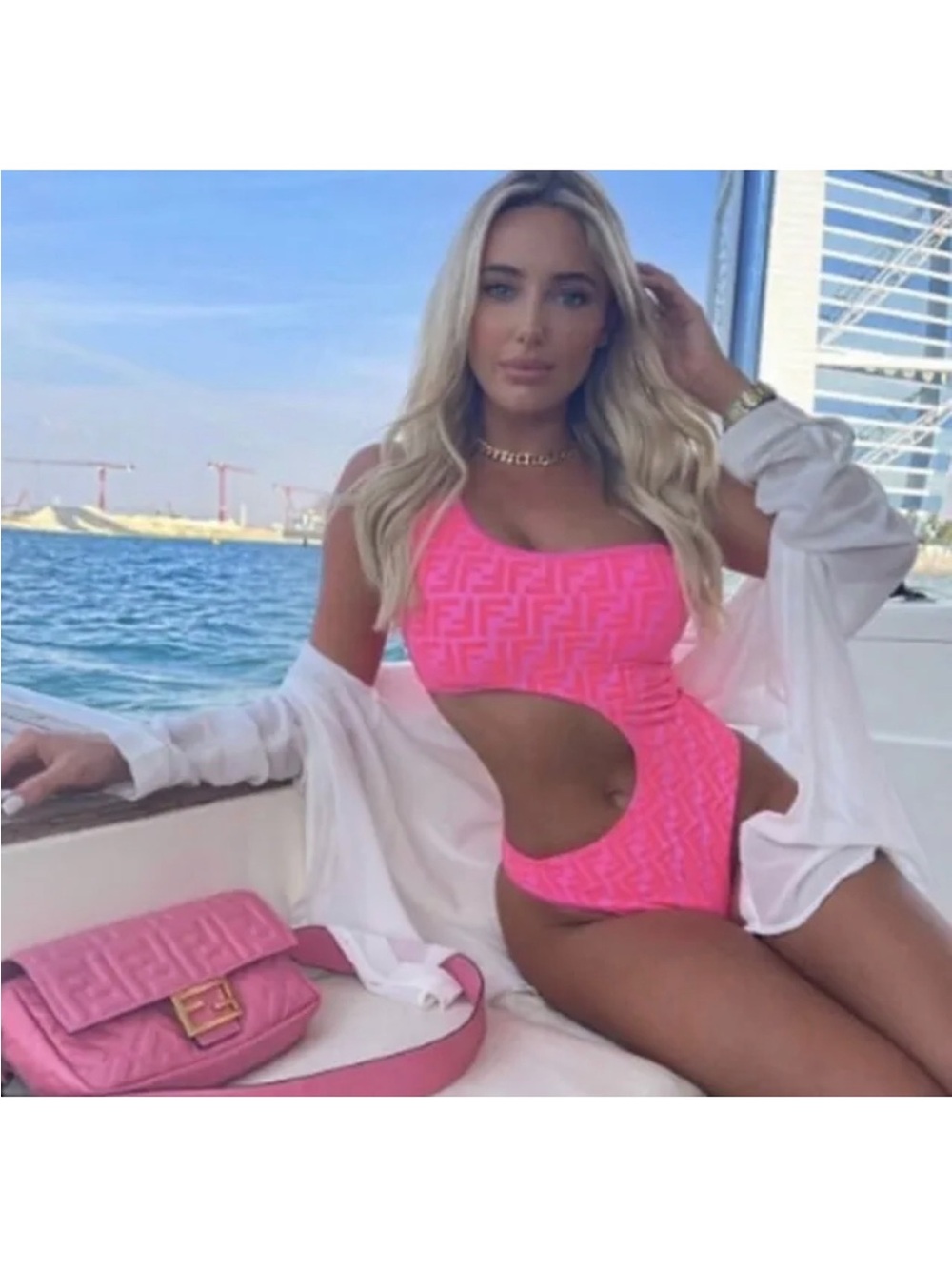 Fendi Pink One-Shoulder Cutout Monogram Swimsuit